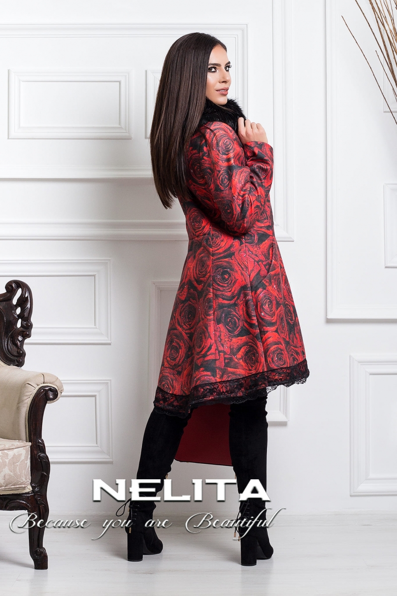 Елегантно разкроено палто NELITA с дизанерски принт рози 1967/601