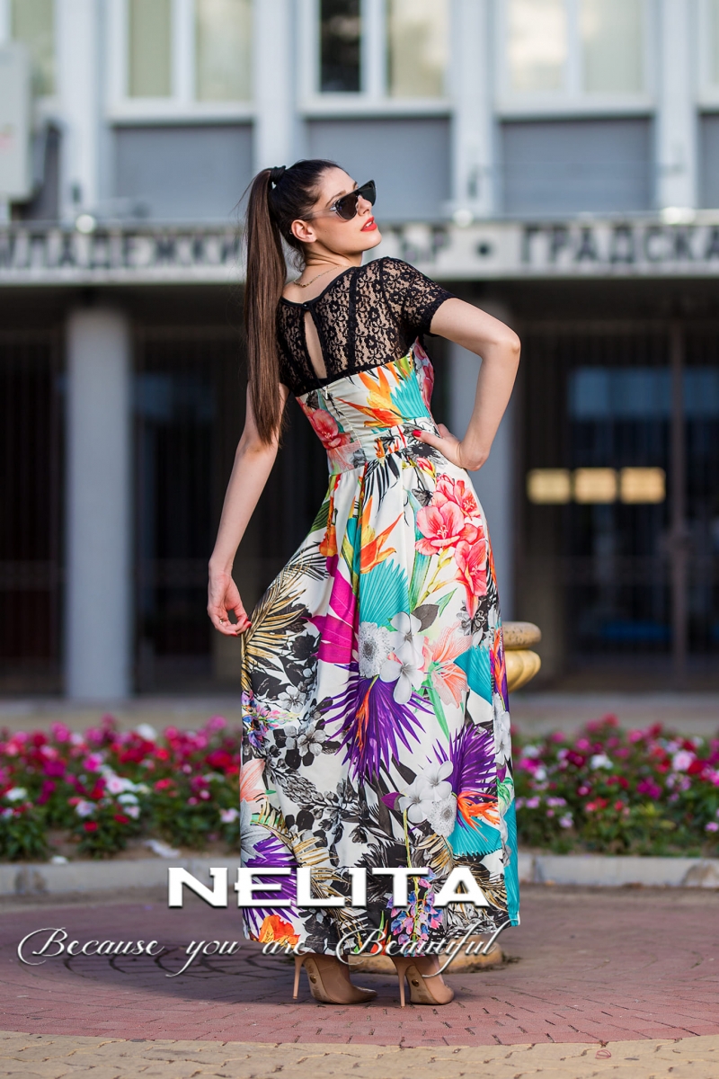 Елегантна рокля NELITA с дантела и флорален принт