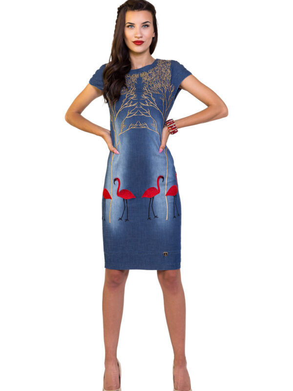Дамска деним рокля с фламинго